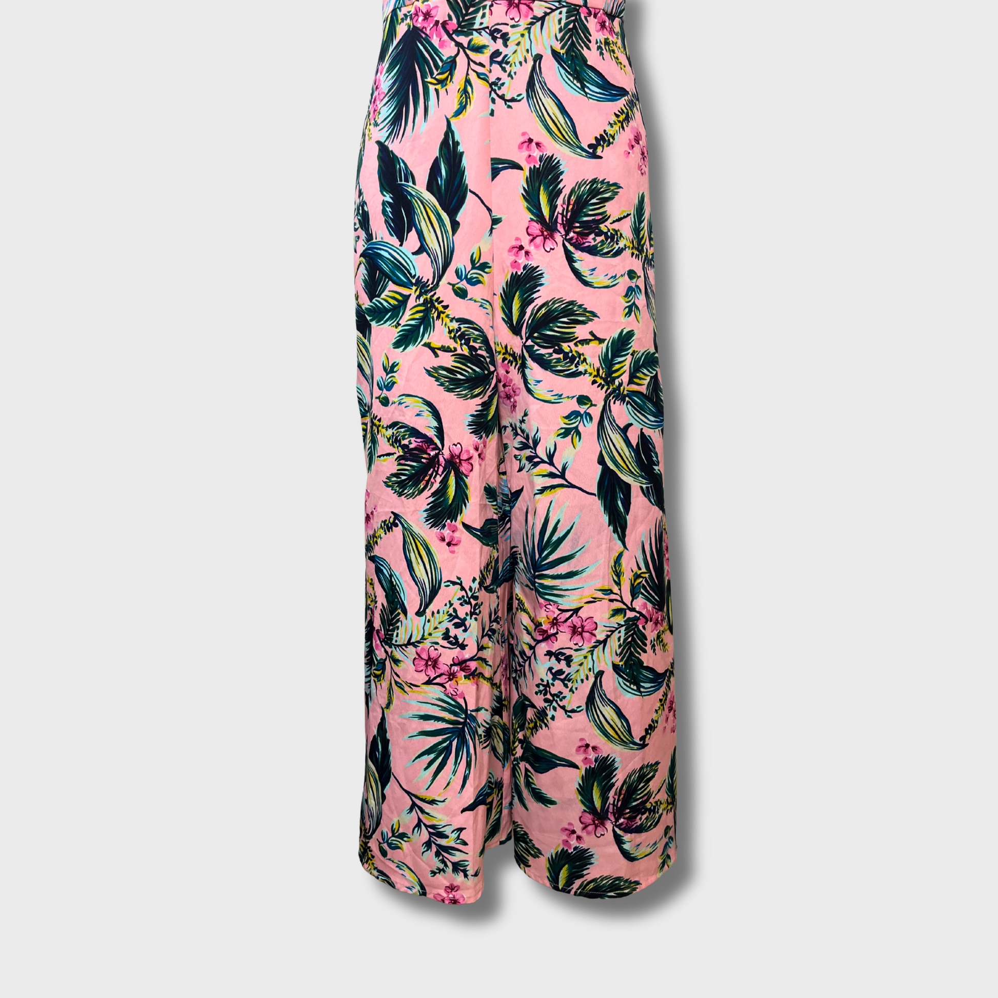 Women’s Pink Hawaiian Print Jumpsuit – Spaghetti Straps, Size M | Summery Tropical Vibes
