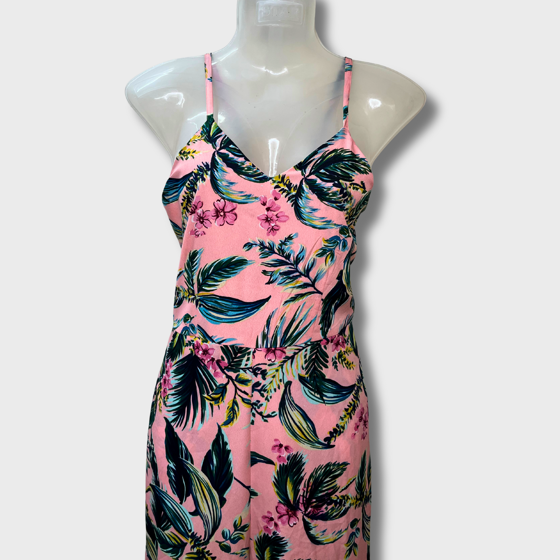 Women’s Pink Hawaiian Print Jumpsuit – Spaghetti Straps, Size M | Summery Tropical Vibes