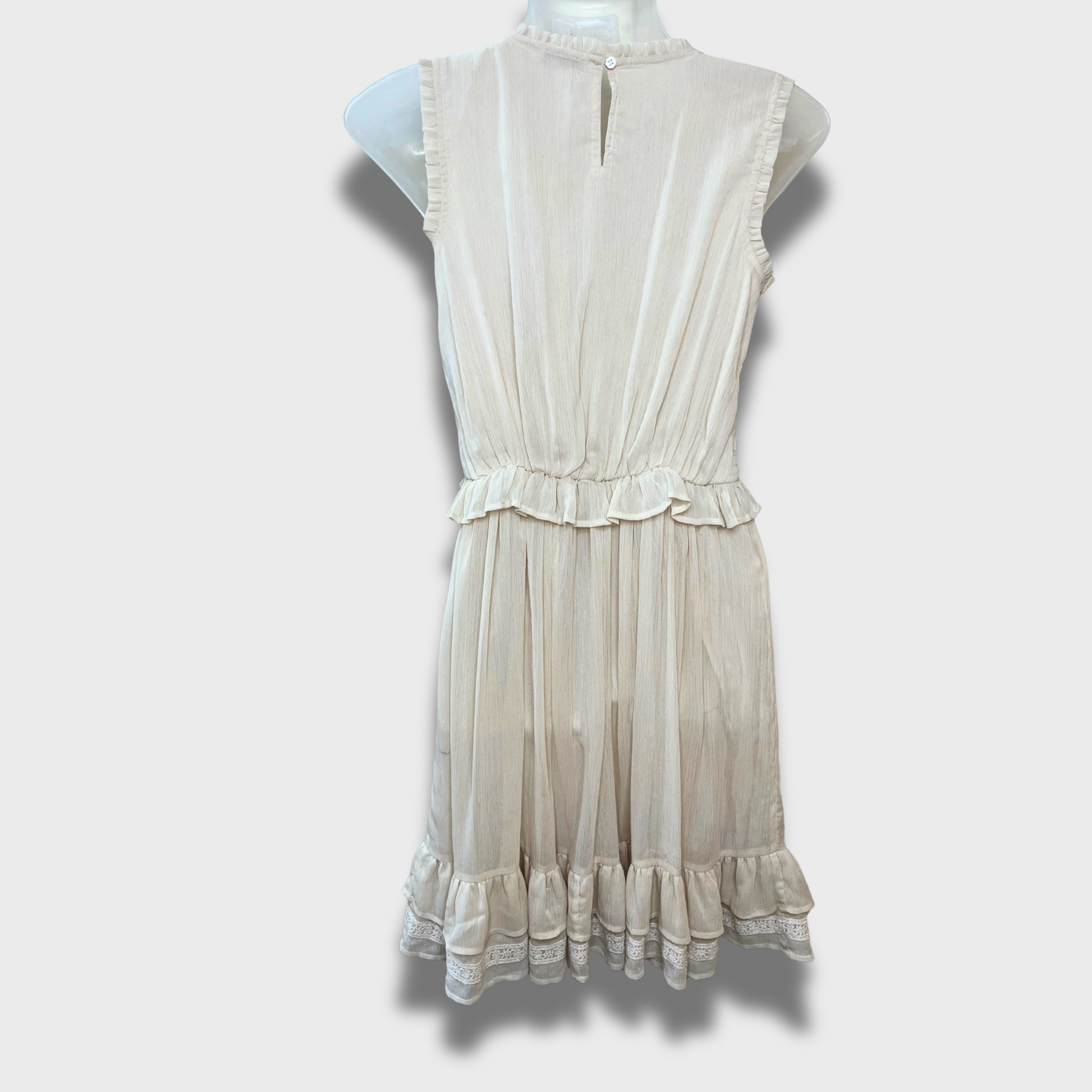 Women’s Elegant Chique Half-Sleeve Georgette Dress – Victorian Cream with Lace & Ruffles (Size S)