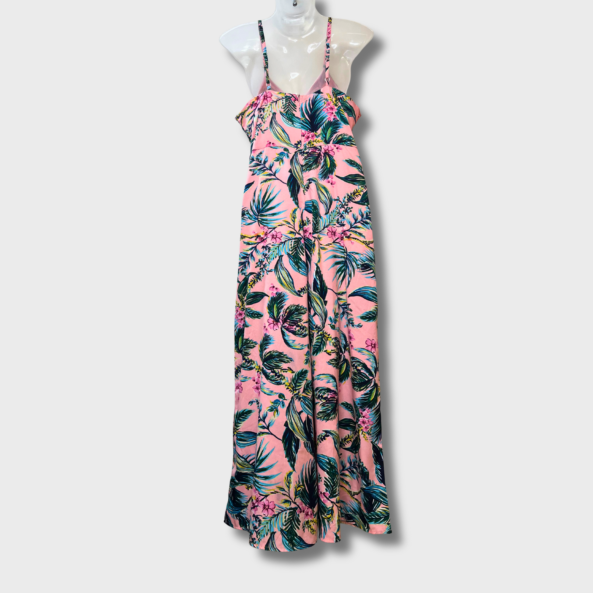 Women’s Pink Hawaiian Print Jumpsuit – Spaghetti Straps, Size M | Summery Tropical Vibes