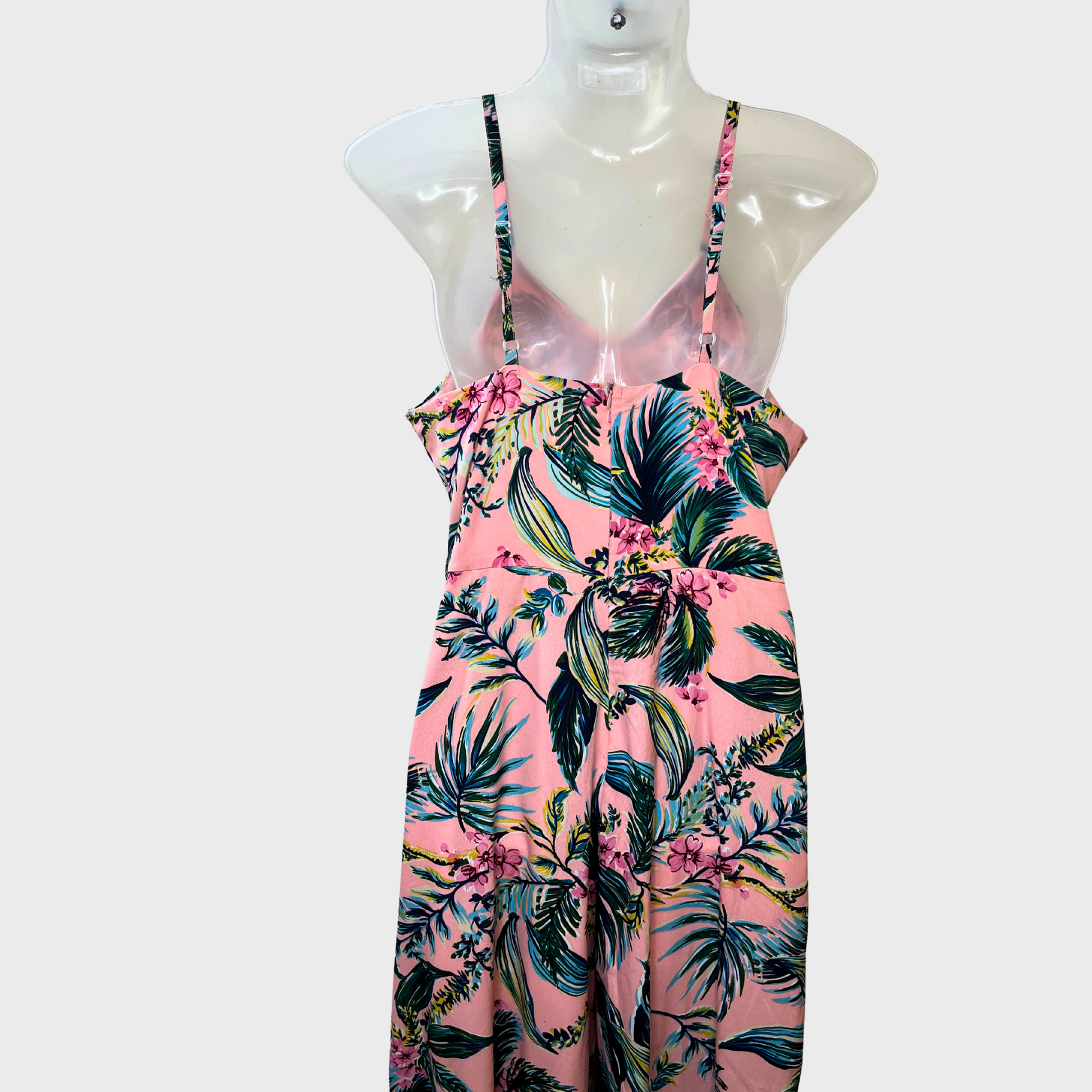 Women’s Pink Hawaiian Print Jumpsuit – Spaghetti Straps, Size M | Summery Tropical Vibes