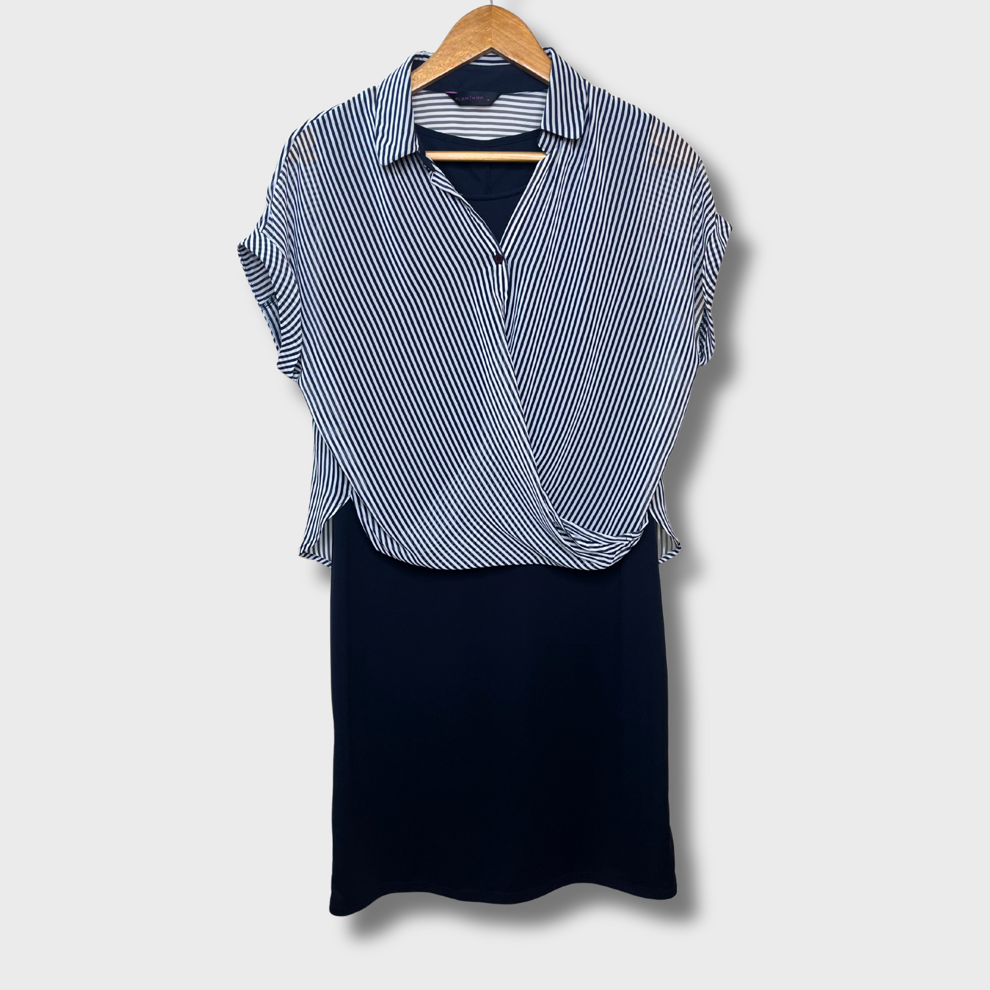 Navy Blue Long Rayon Dress for Women – Elegant & Flowy with Georgette Overshirt | Size M by Flamingo
