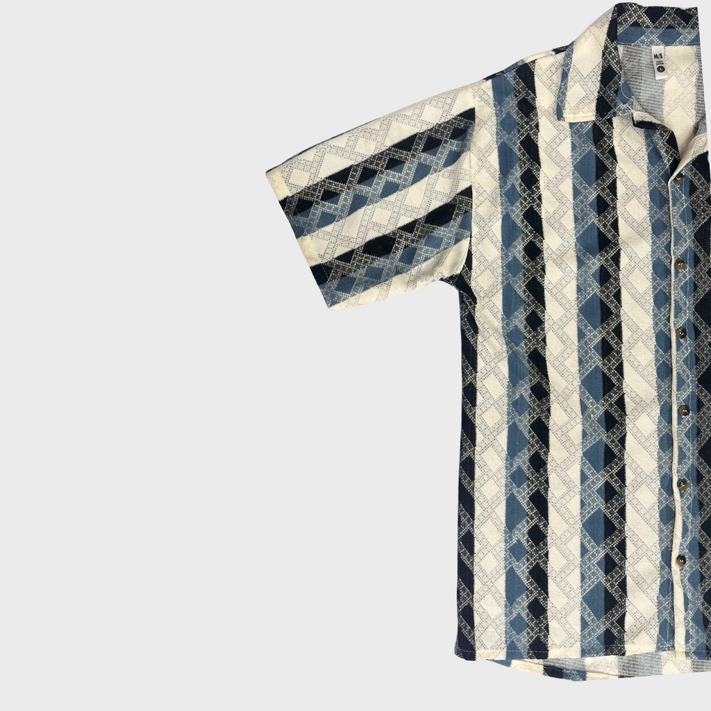 Men's Casual Half-Sleeve Shirt – White with Blue & Black Stripes | Size M | Breathable & Stylish