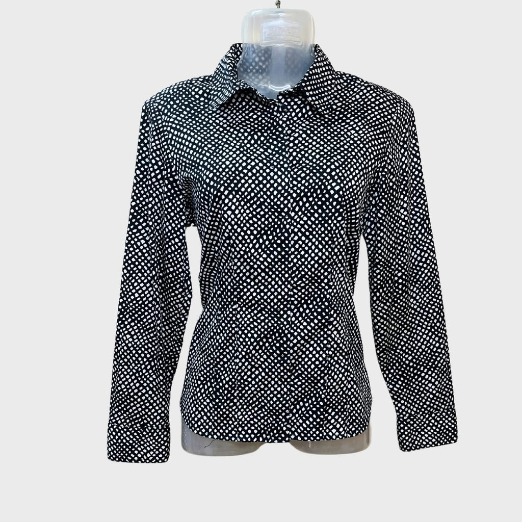 Women’s Black & White Printed Collared Shirt – Size M | Chic & Versatile Button-Up Top